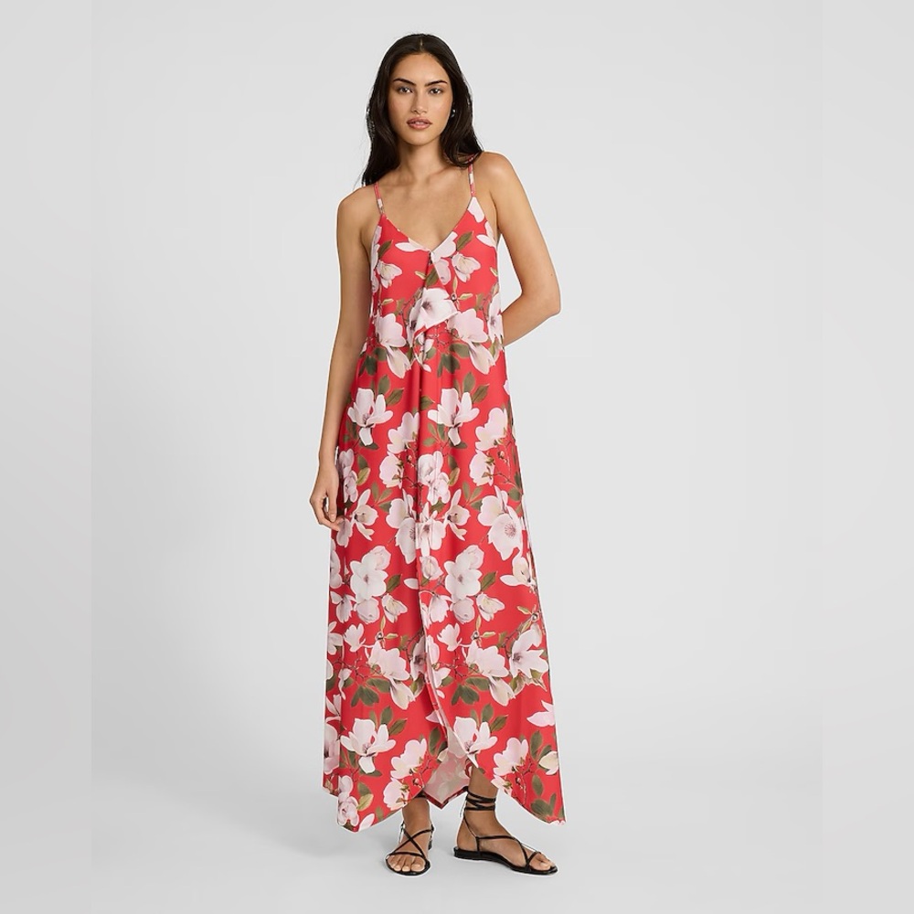 NEW WITH TAG EXPRESS Summer Floral Tie Back Asymmetrical Hem Maxi Red Dress